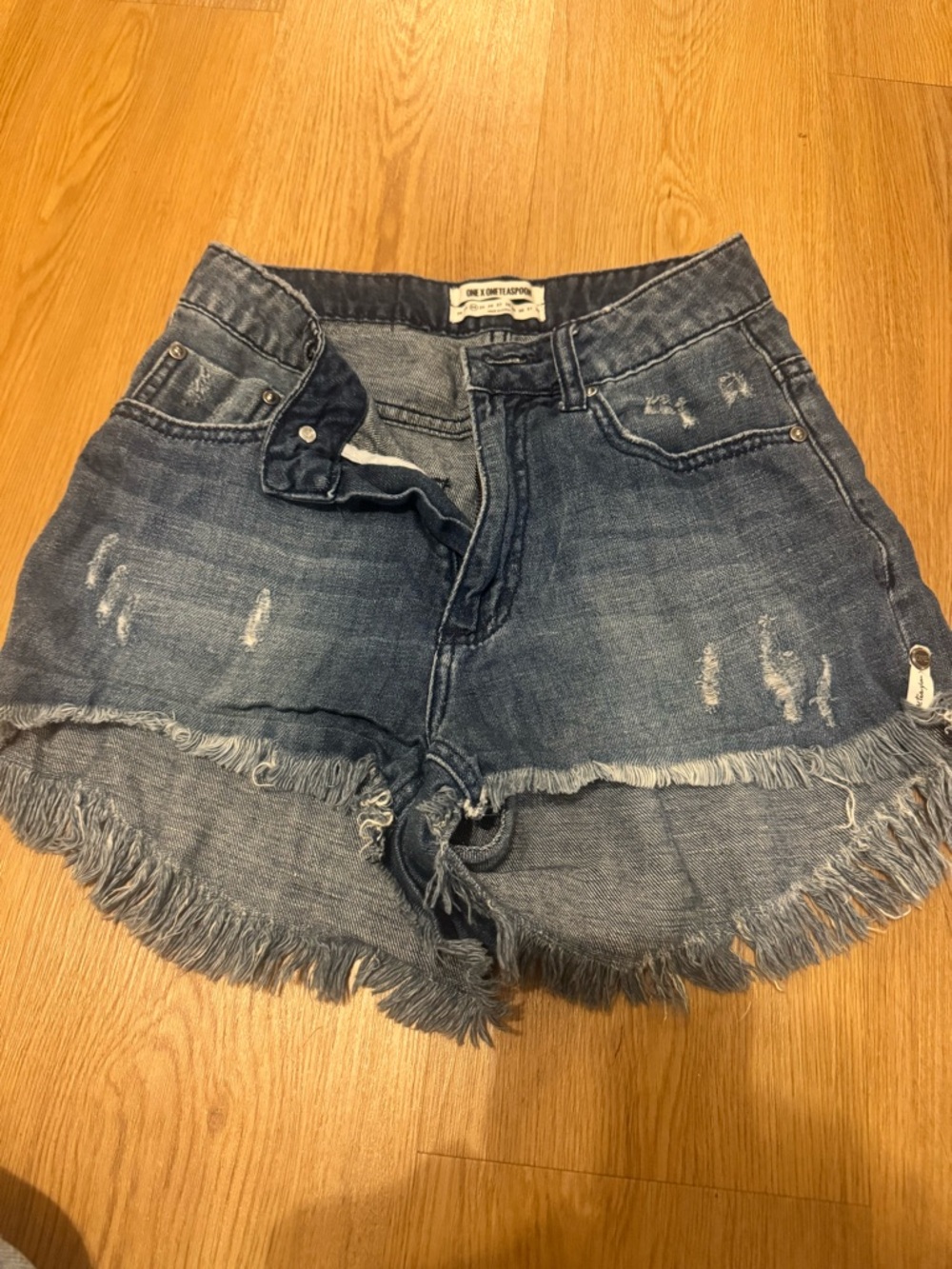 One Teaspoon Blue Distressed Frayed Denim Shorts